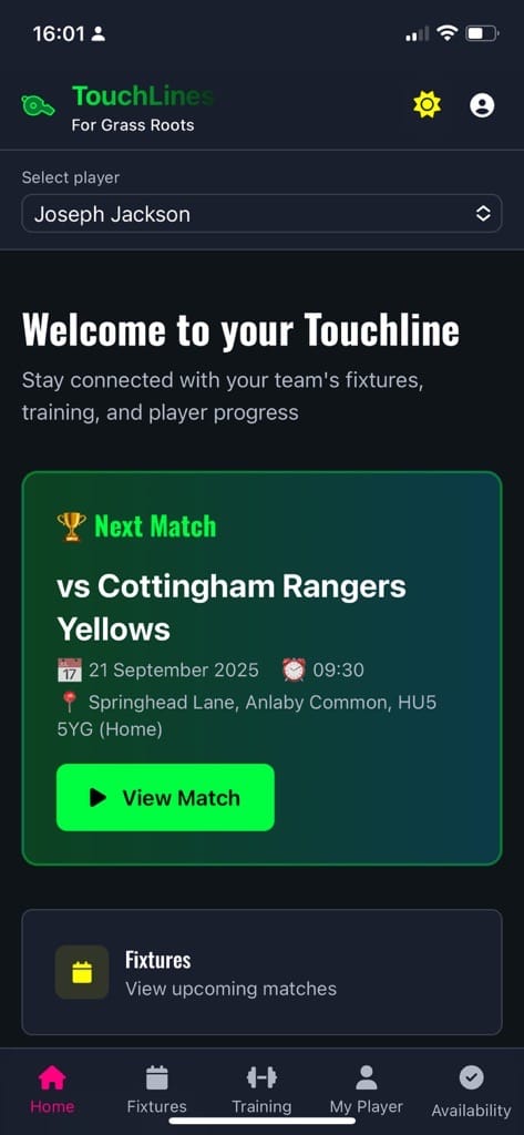 Parent dashboard with fixtures