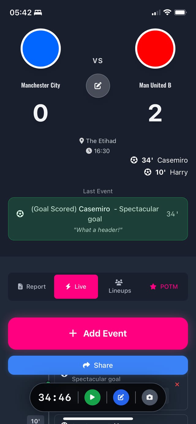 Match logging, timeline