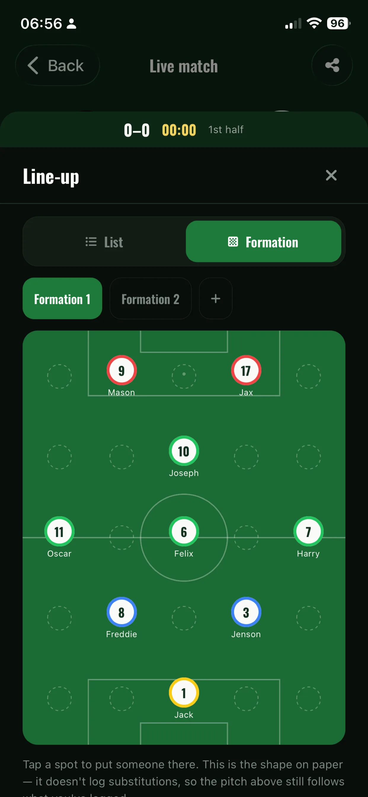Formation builder showing players positioned on the pitch