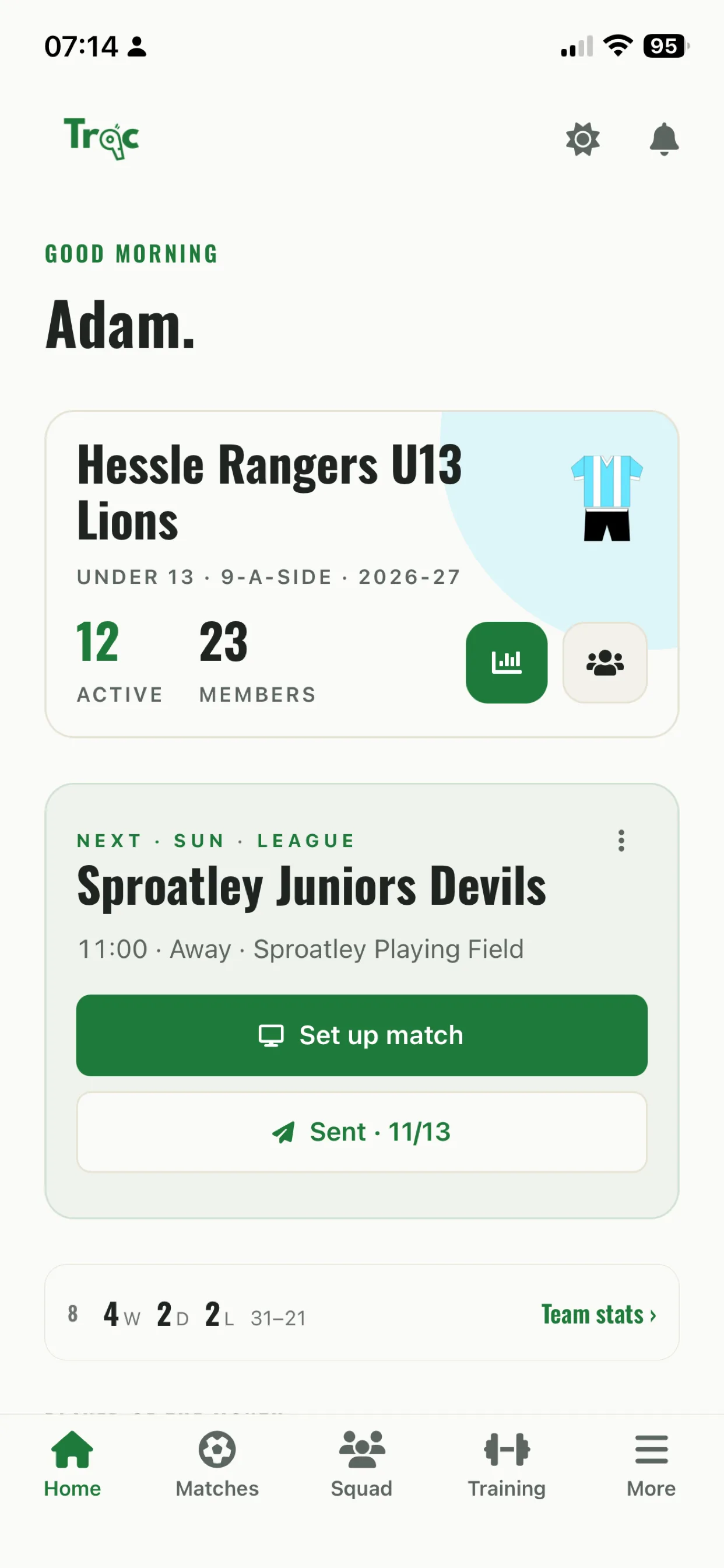 Trac app home dashboard showing the next match and squad status