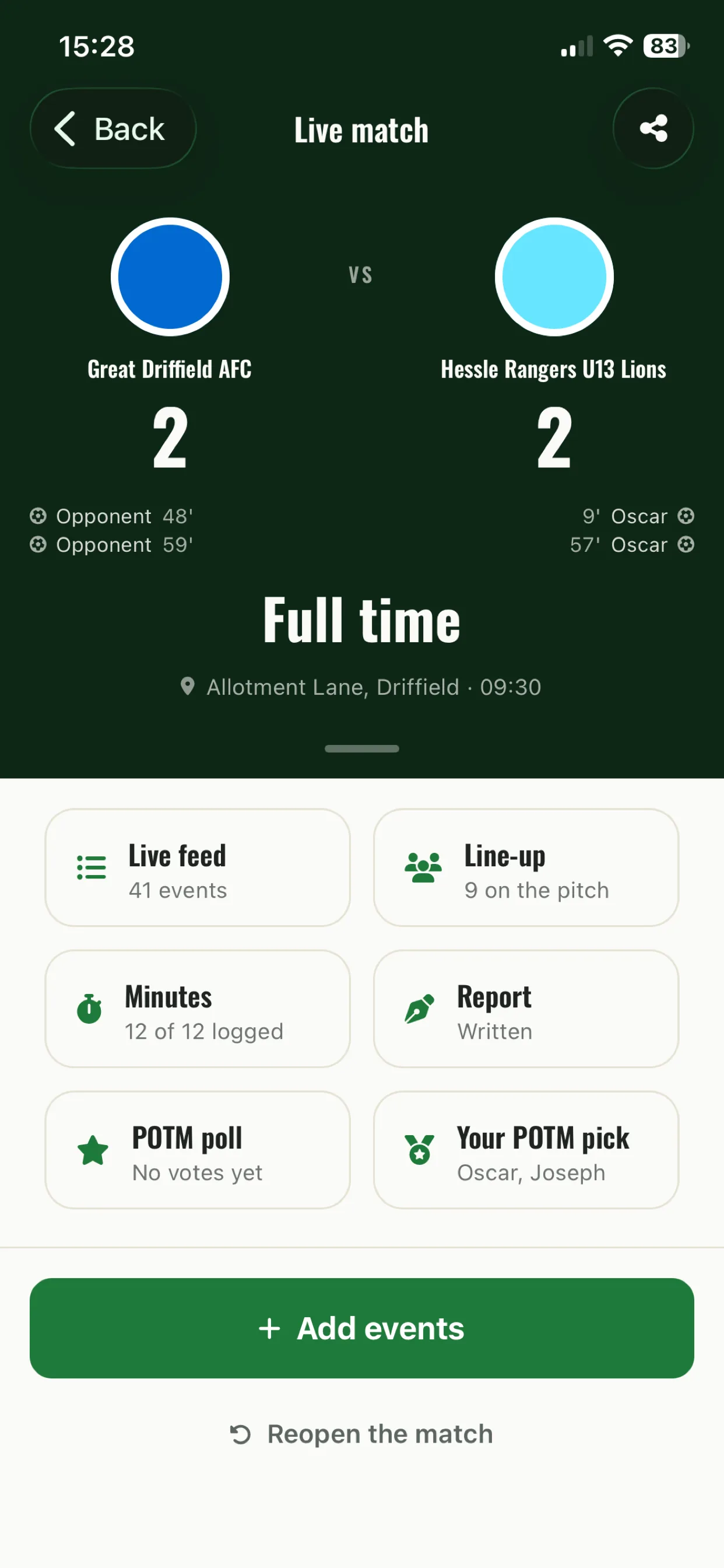Live match full-time screen with score and Player of the Match