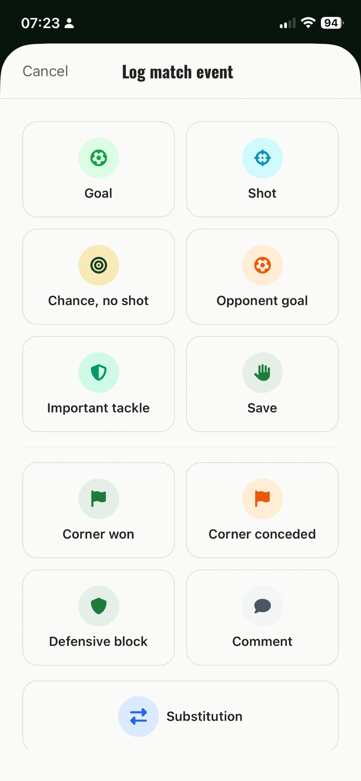 Log match event screen with goal, shot, save and tackle buttons