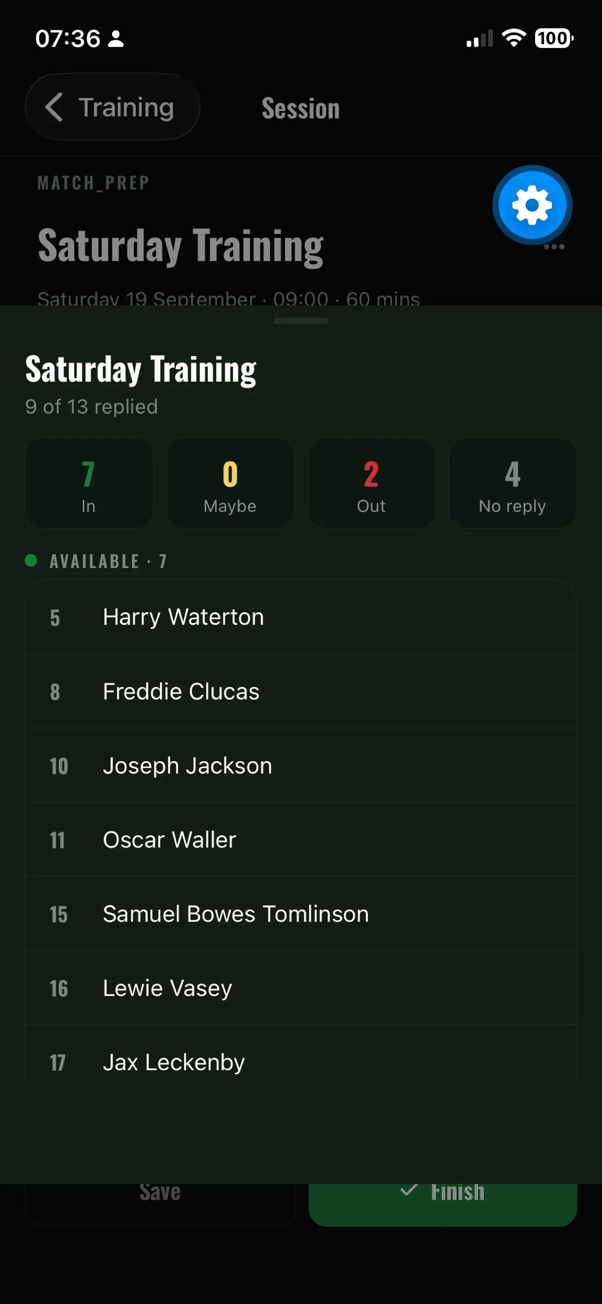 Training availability screen showing who is in, out and yet to reply
