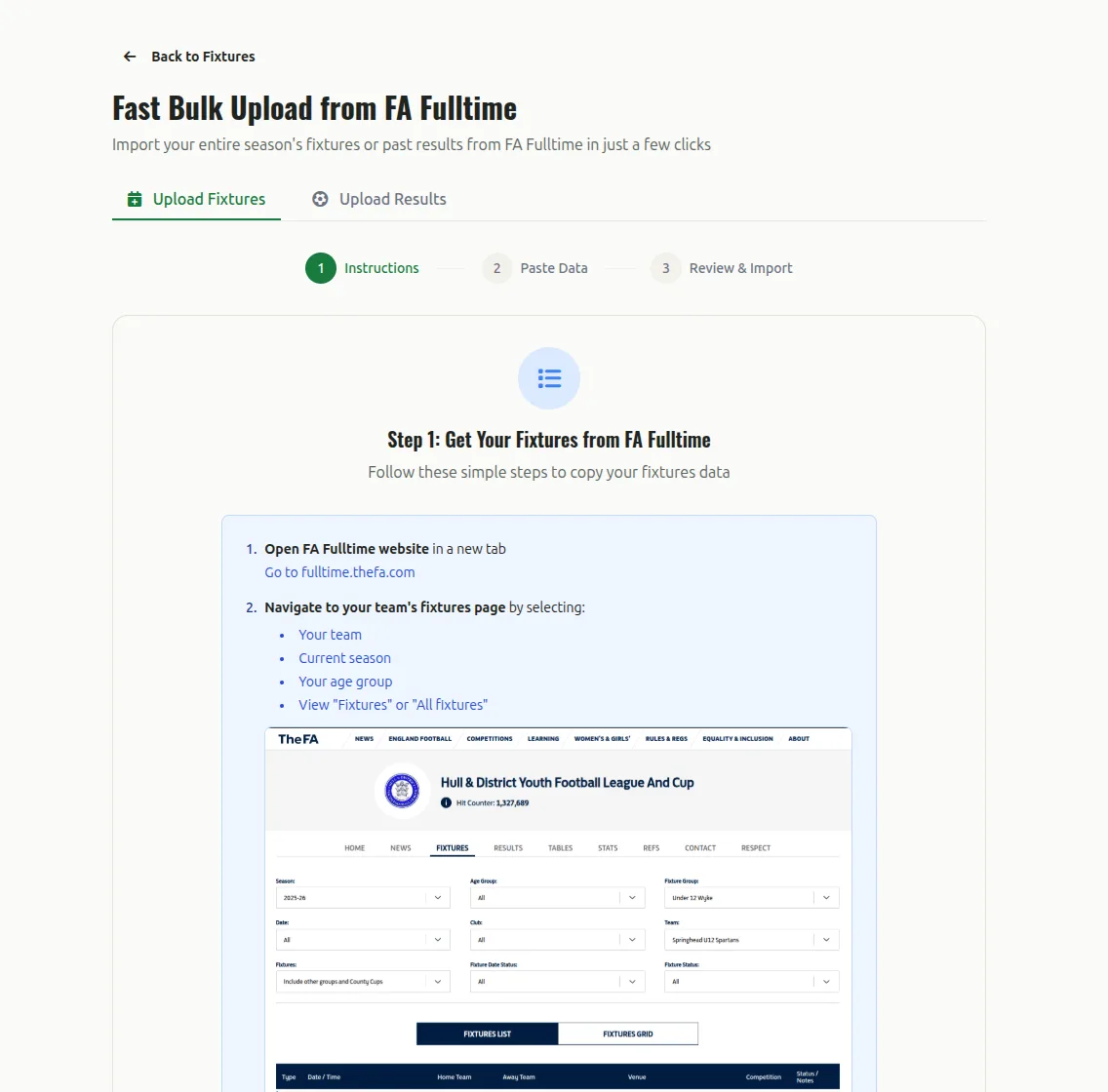Trac's Fast Bulk Upload from FA Fulltime — paste fixtures, review, import