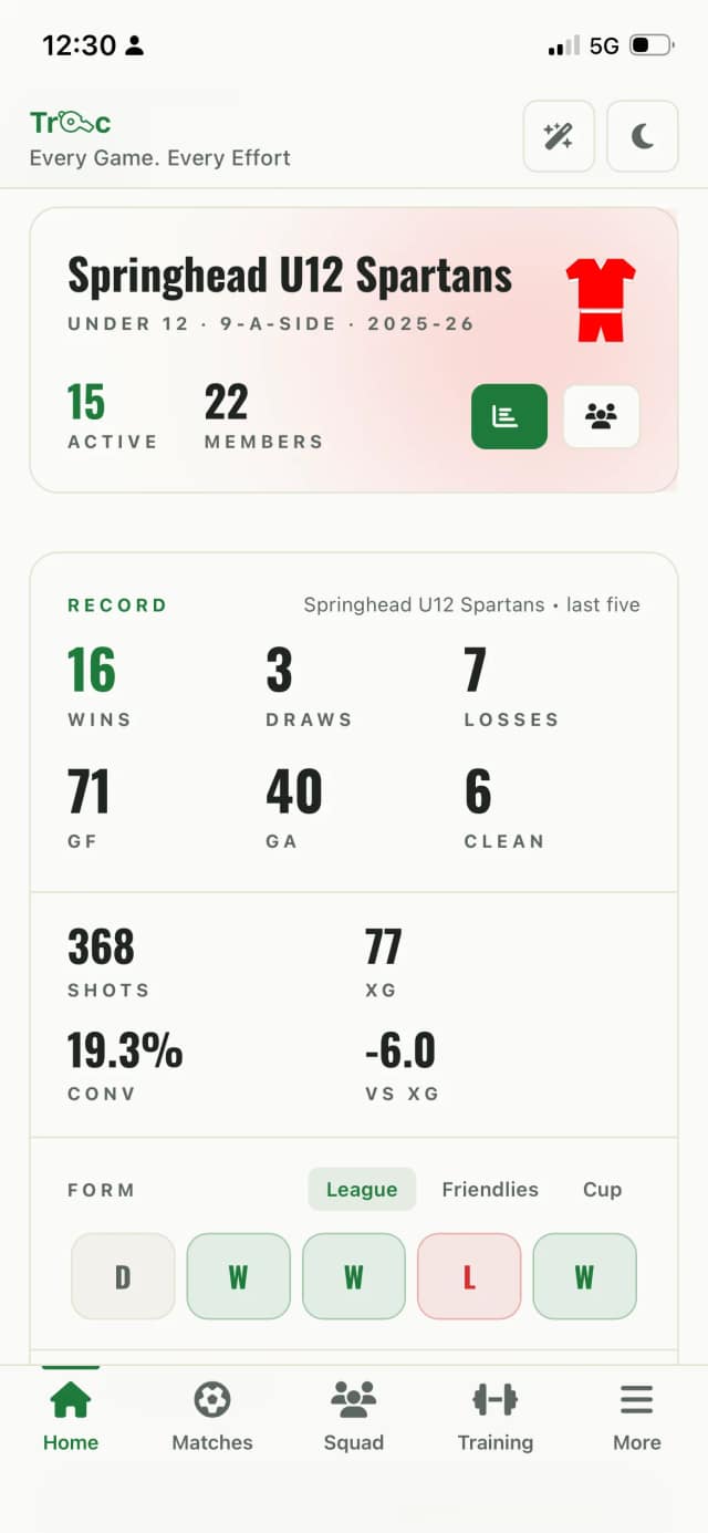 Coach dashboard on a phone, ready for the new season