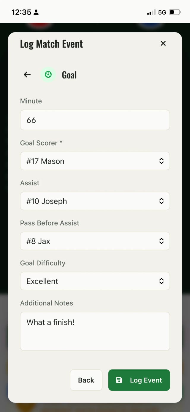 Logging a goal with scorer, assist, and notes on a phone