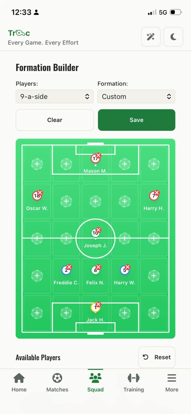 Drag-and-drop formation builder on a phone