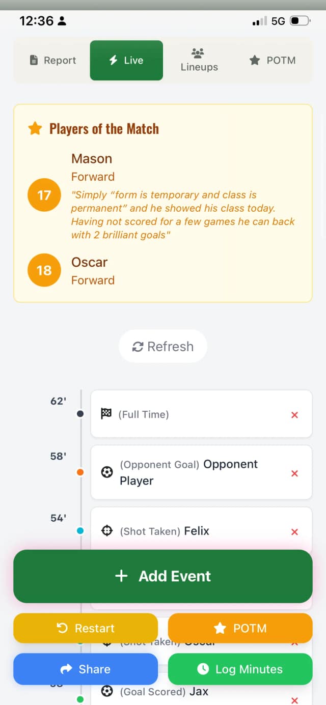 Live match events timeline with POTM votes on a phone