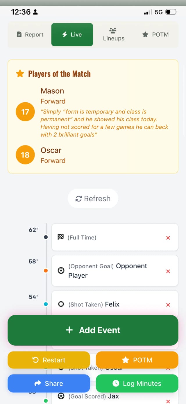 Live match events timeline on a phone
