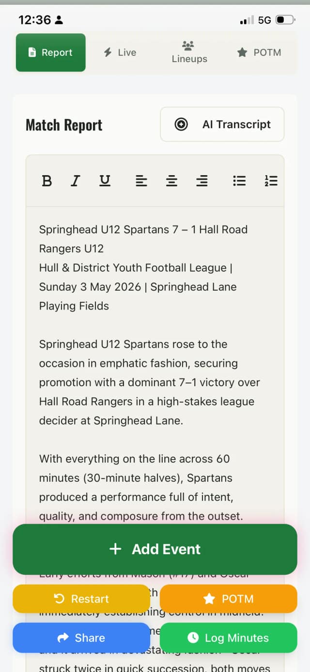 Editing an AI-generated match report on a phone
