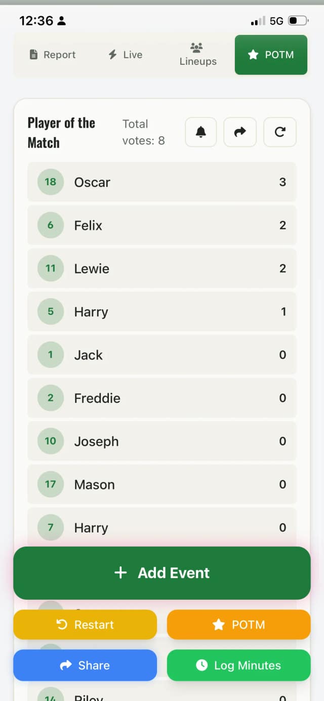 Parent voting for player of the match on a phone