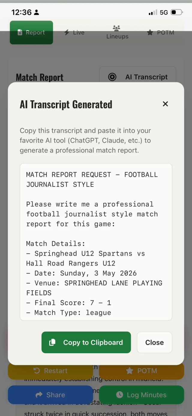 Example AI-generated match transcript on a phone
