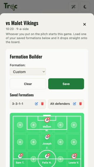Formation builder for a tournament game in Trac