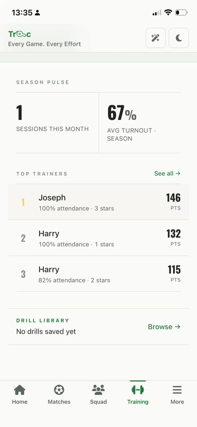 Session planning screen on a phone